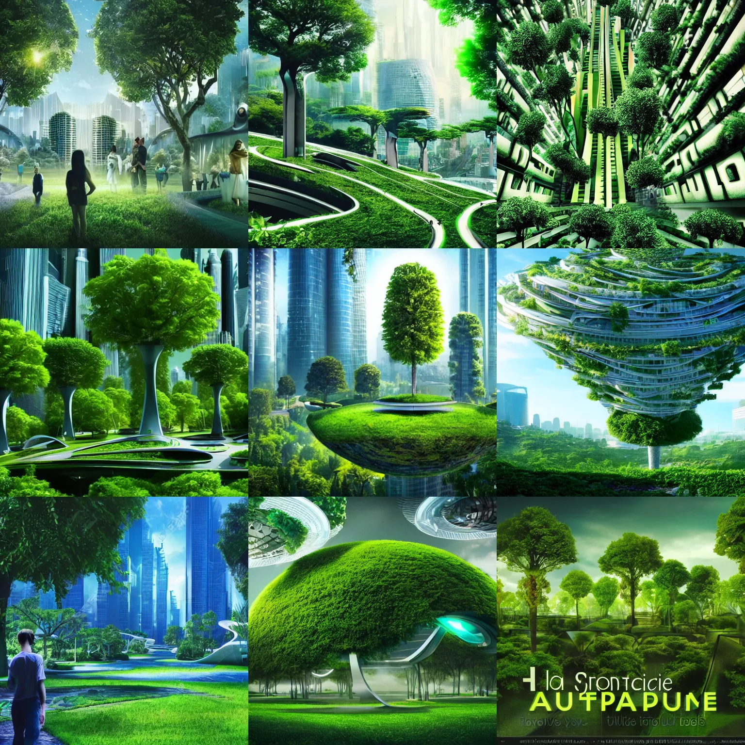 Prompt: a futuristic green utopian city, abundance, life, beauty, trees, movie still