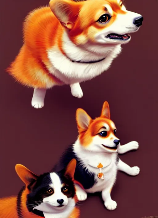 Image similar to an orange corgi playing with a tuxedo cat, ultra definition, photoreal, artstation, unreal engine rendered, concept art, smooth, sharp focus, illustration, art by artgerm and greg rutkowski and alphonse mucha and garis edelweiss