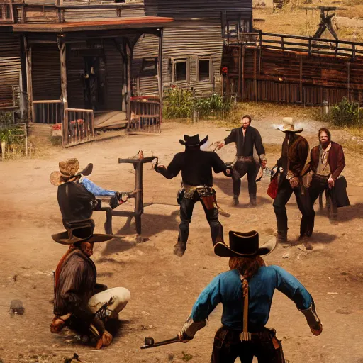 Prompt: a saloon fight between cowboys in the style of rockstar red dead redemption 2, concept art, 8 k, trending on artstation, brushstrokes