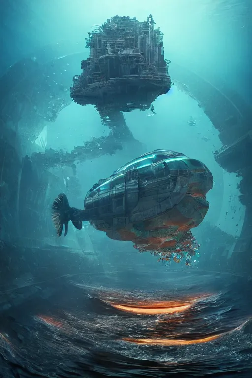 Image similar to hyperrealistic cinematic underwater dystopian futurist city ruins with giant bioluminescent multicolored mutant fish and cyborg jellyfish, digital art masterpiece, aykut aydogdu eric zener, very dramatic volumetric light, long shot, ground angle uhd 8 k, deep focus