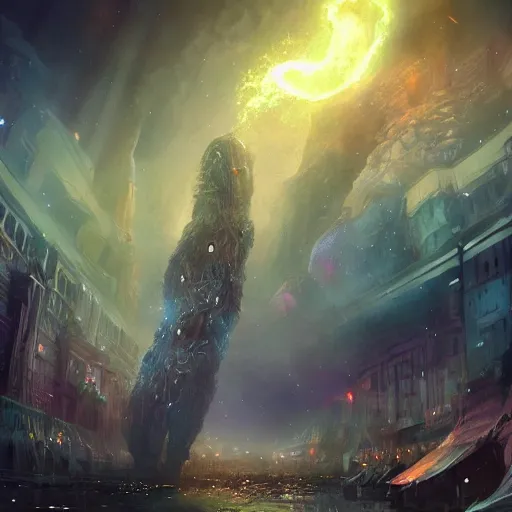 Prompt: a giant creature made out of nebulas rebuilding a city, dynamic lighting, photorealistic fantasy concept art, trending on art station, stunning visuals, creative, cinematic, ultra detailed