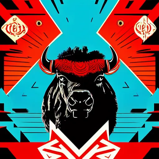 Image similar to a beautiful album cover of a cyberpunk bison by Shepard Fairey, red white and cyan color scheme