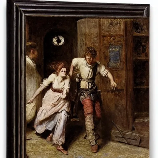 Prompt: man and woman escaping a dungeon by alfred stevens