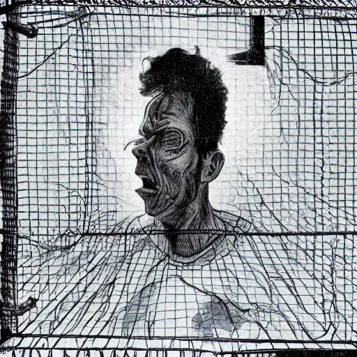 Image similar to ultradetailed portrait of a man in jail where his soul is coming out of his body and trying to escape