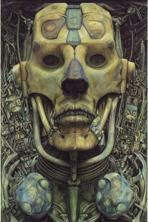 Image similar to the robot in his bone crown, by Annie Swynnerton and Diego Rivera and Elihu Vedder, symbolist, dramatic lighting, elaborate geometric ornament, Art Brut, soft blues and greens,smooth, sharp focus, extremely detailed, Adolf Wölfli, octane render