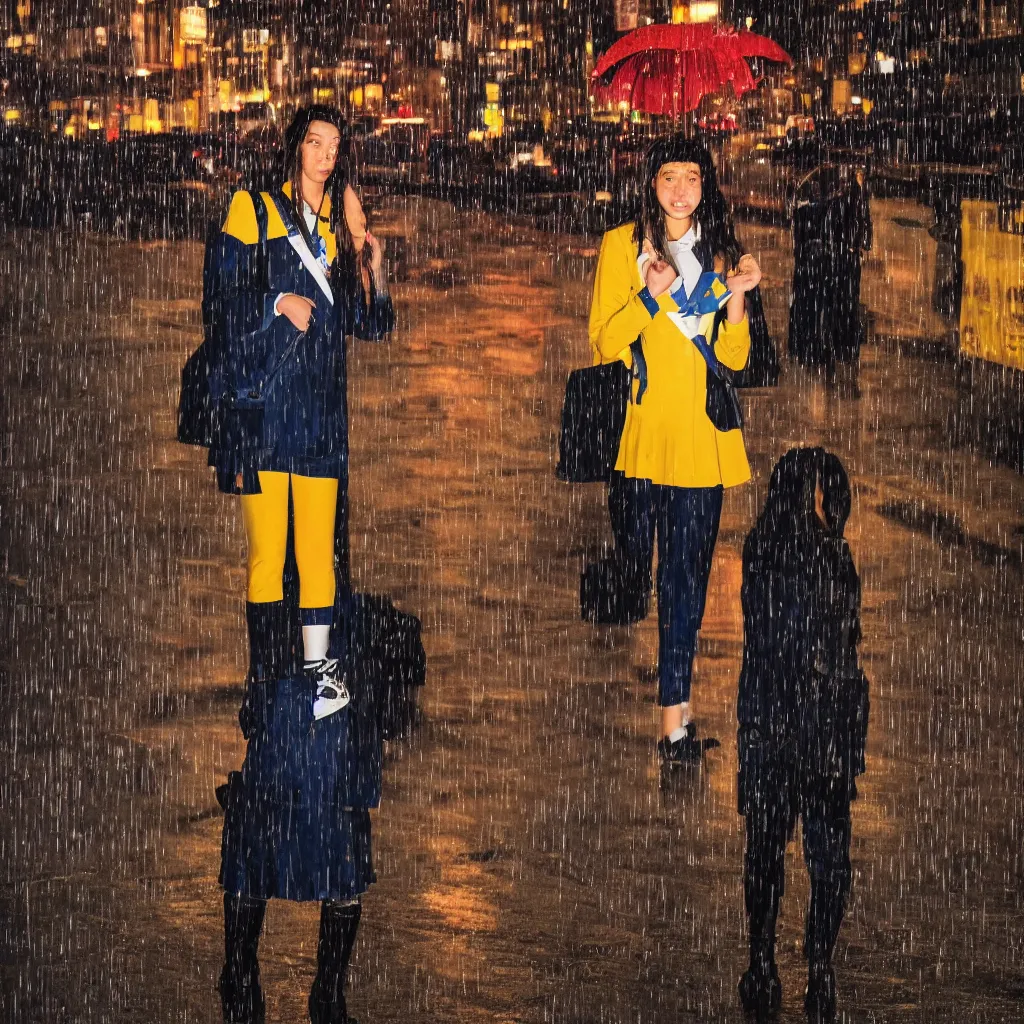 Image similar to night flash portrait photography of a high school girl in uniform on the lower east side by annie leibovitz, colorful, nighttime!, raining!