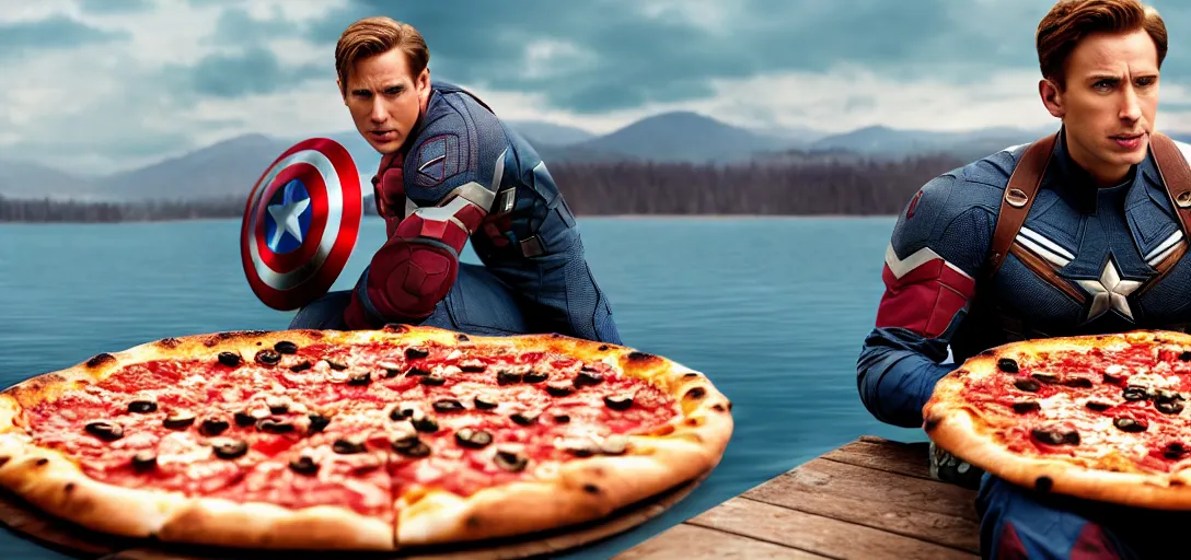 Image similar to a very high resolution image from a new movie. captain america eating pizza on a lake, photorealistic, photography, directed by wes anderson