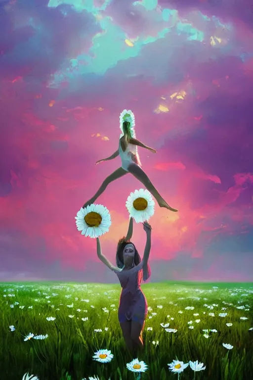 Image similar to giant white daisy flower as head, body girl dancing in a flower field, surreal photography, sunrise, dramatic light, impressionist painting, colorful clouds, digital painting, artstation, simon stalenhag