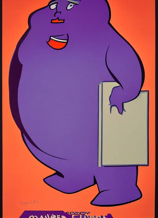 Image similar to grimace ( obese purple guy ) on a soviet russian propaganda poster, illustration, airbrush