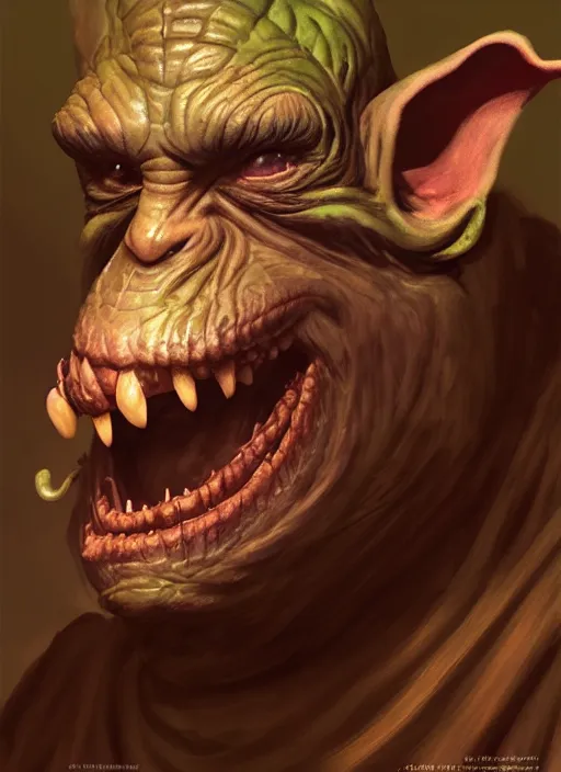 Image similar to profile face portrait of a medieval goblin eating cakes in the cloisters, beautiful face, hyper realistic, highly detailed, digital painting, artstation, illustration, concept art by hyung tae and frank frazetta, digital paint, matte paint, washed colors, dark, gloomy