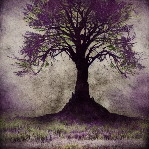 Image similar to tree monster in a beautiful meadow as the eye fairy princess in saturation color scheme, grey, lavender, burnt the new world tintype macro macro earth