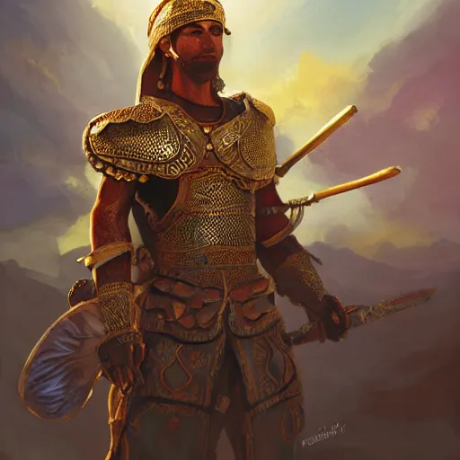 Image similar to clear portrait of moroccan warrior, adorable appearance!!!, golden hour, happy apearance, cottagecore!!, background hyper detailed, character concept, full body, dynamic pose, intricate, elegant, highly detailed, digital painting, artstation, concept art, smooth, sharp focus, illustration, art by artgerm and greg rutkowski and alphonse mucha