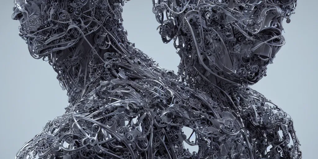 Image similar to hyperrealistic photography of a stunningly beautiful cyborg male, consciences being installed sci - fi, intimate, intricate filigree, fibonacci, in the style of beth cavener, jin kagetsu, and wlop, highly detailed, chrome face symmetry, masterpiece, award winning, sharp focus, concept art, high key, ambient lighting, 8 k, octane render,