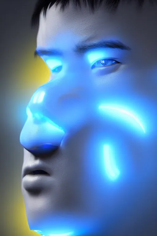 Image similar to hyperrealistic close-up blue glow exoskeleton!! chinese man covered highly detailed concept art eric zener elson peter cinematic side soft yellow light low angle hd 8k sharp shallow depth of field