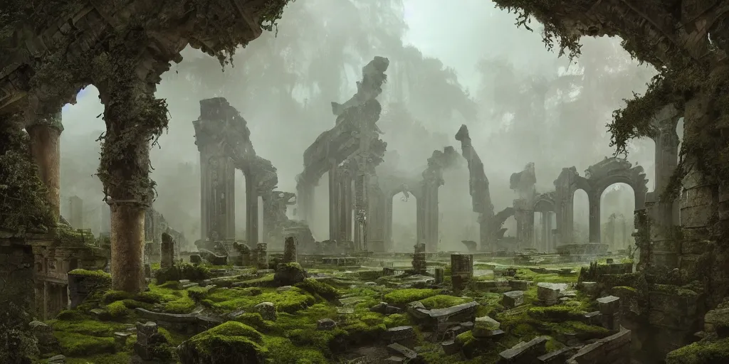 Image similar to a beautiful hyper realistic detailed matte painting of ruins of ancient ruins, lost arc, overgrown by moss, dramatic lighing,underexposed, overcast, fog, by Quentin Mabille and Moebius and Andreas Rocha and Raphael Lacoste, unreal engine, trending on artstation