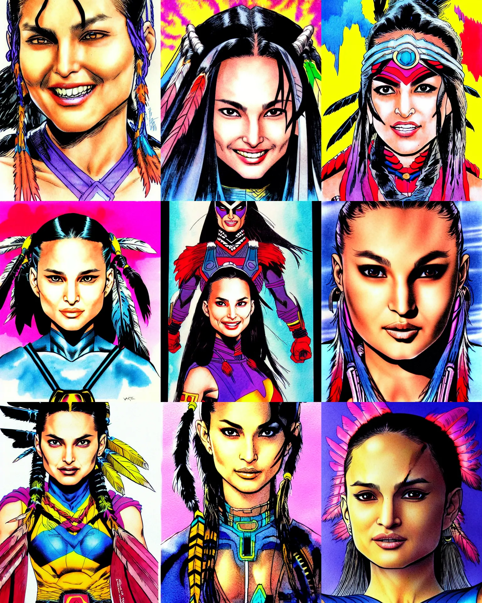 Prompt: jim lee!!! ink colorised airbrushed gouache sketch by jim lee close up headshot of smiling native indian chinese natalie portman in the style of jim lee, x - men superhero comic book character by jim lee