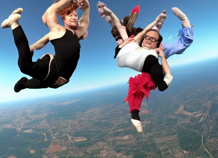 Image similar to Danny Devito dressed as a ballerina skydiving
