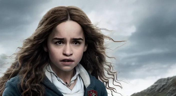 Image similar to Still of Emilia Clark starring as Hermione Granger in her Gryffindor uniform in the new Harry Potter reboot