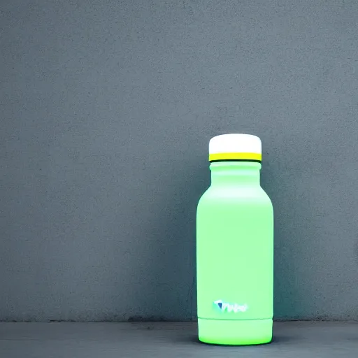 Prompt: apple style advertisement of a water bottle light green, light blue, light yellow, light purple
