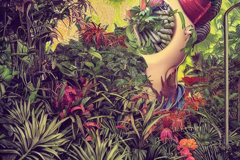 Prompt: gigantic robot head, a lot of exotic vegetation, trees, flowers by junji ito, tristan eaton, victo ngai, artgerm, rhads, ross draws, hyperrealism, intricate detailed