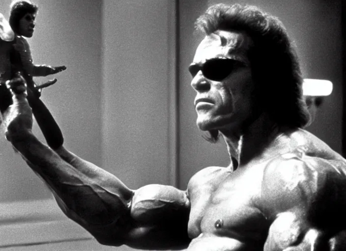 Image similar to arnold schwarzenegger in a still from the movie The Fly (1986)