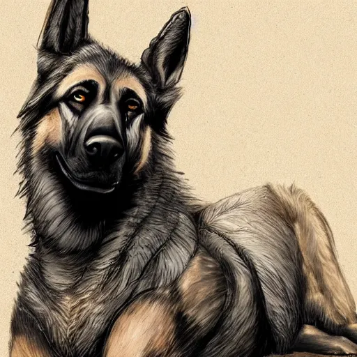 Image similar to a humanoid german shepherd beast - man in military style, sitting on the carpeted floor beside a bed, highly detailed portrait, digital painting, artstation, concept art, smooth, sharp foccus ilustration, artstation