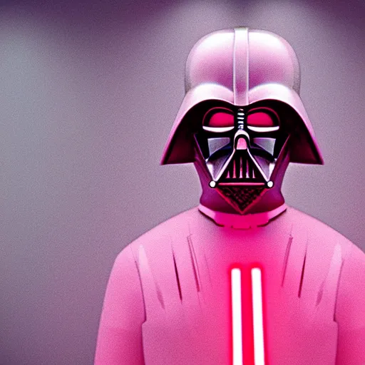 Prompt: darth vader in pink outfit, photoreal, still frame, cinematic