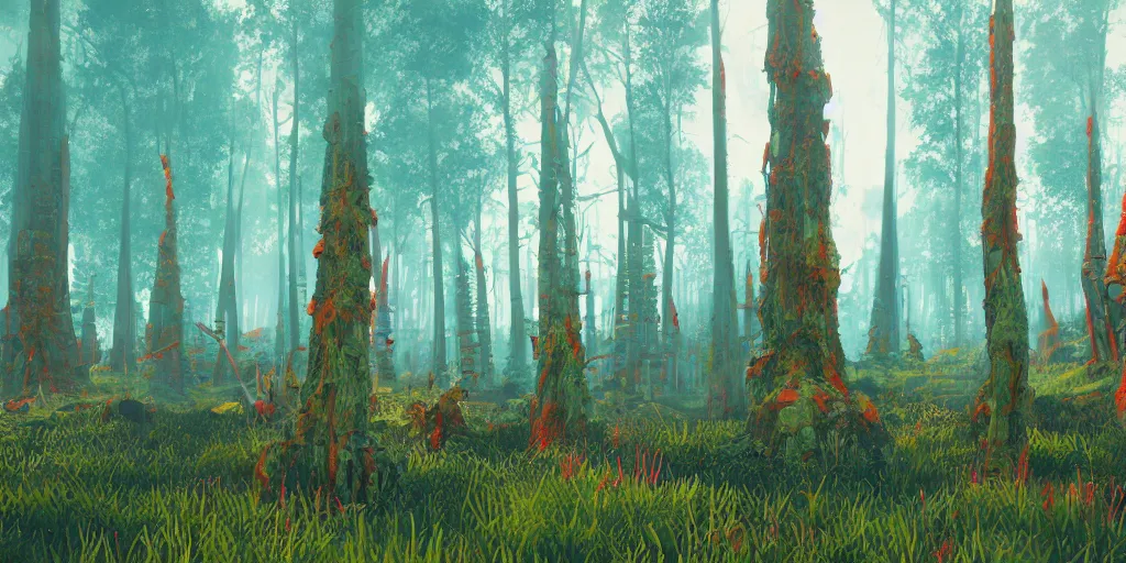 Image similar to abstract 3d landscape forest painting by james jean and David Schnell painted in no mans sky style, redshift, octane