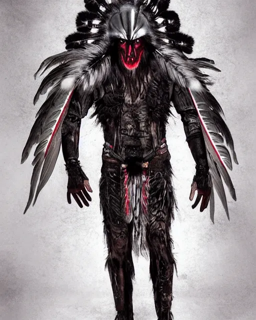 Image similar to wolf - human hybrid mutant ghost - spirit of the grim - warpaint wears the scarlet skull armor and native blood headdress feathers, midnight fog - mist!, dark oil painting colors, realism, cinematic lighting, various refining methods, micro macro autofocus, ultra definition, award winning photo, photograph by ghostwave - gammell - giger - shadowlord