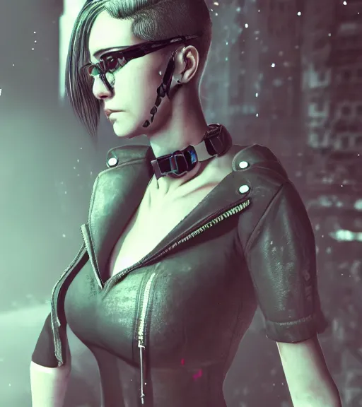 Image similar to detailed realistic female character cyberpunk wearing thick steel collar around neck, realistic, art, beautiful, 4K, collar, choker, collar around neck, punk, artstation, detailed, female, woman, choker, cyberpunk, neon, punk, collar, choker, collar around neck, thick collar, tight around neck, punk, choker