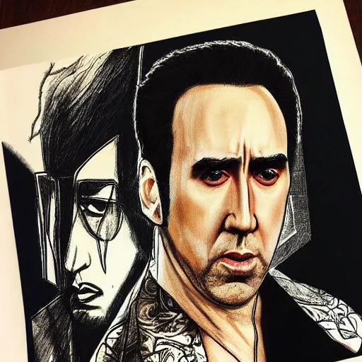 Image similar to nic cage as drawn by junior ito, buff, mangw portrait, highly detailed,