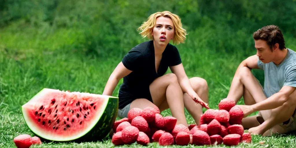 Image similar to scarlett johansson kicking and smashing a watermelon, film still, highly detailed, film grain, behind the scenes, photorealism