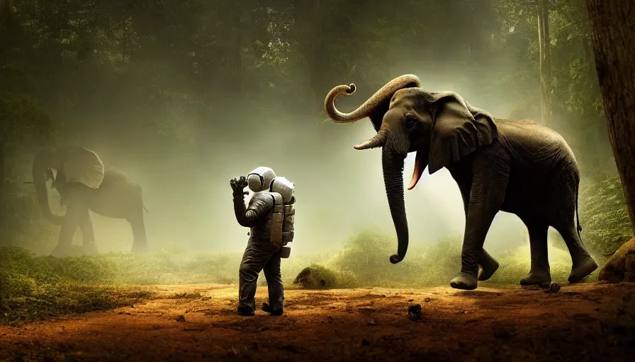 Image similar to american astronaut in the forest riding an elephant, objects well lit, plants environment, wide angle, cinematic lighting, atmospheric, realistic, octane render, highly detailed, color graded, in the style of craig mullins