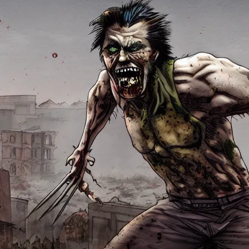 Image similar to a long shot of a Zombie Wolverine, in a post apocalyptic town