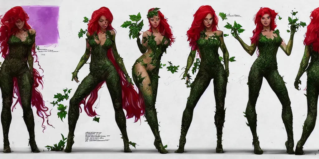 Image similar to ana de armas as poison ivy, character sheet, concept design, contrast, kim jung gi, greg rutkowski, zabrocki, karlkka, jayison devadas, trending on artstation, 8 k, ultra wide angle, pincushion lens effect