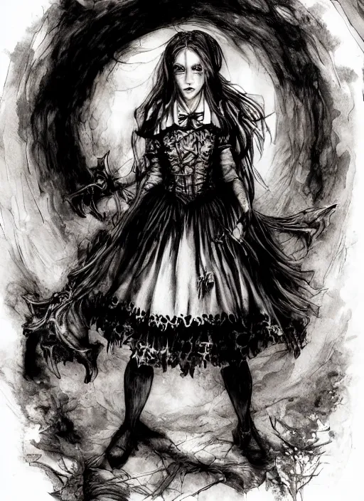 Image similar to portrait, Gothic Alice in Wonderland, watercolor, dramatic lighting, cinematic, establishing shot, extremely high detail, foto realistic, cinematic lighting, pen and ink, intricate line drawings, by Yoshitaka Amano, Ruan Jia, Kentaro Miura, Artgerm, post processed, concept art, artstation, matte painting, style by eddie mendoza, raphael lacoste, alex ross
