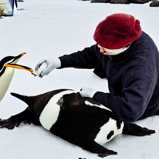 Prompt: bulldog performing surgery on a penguin