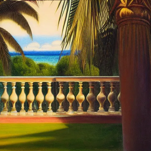 Prompt: a ultradetailed beautiful painting of the amazonas palace balustrade designed by edward robert hughes, tarsila do amaral, frank weston and gustave baumann, beach, trending on artstation, mediterranean, palm trees, detailed face, sharp focus, soft light, 8 k 4 k