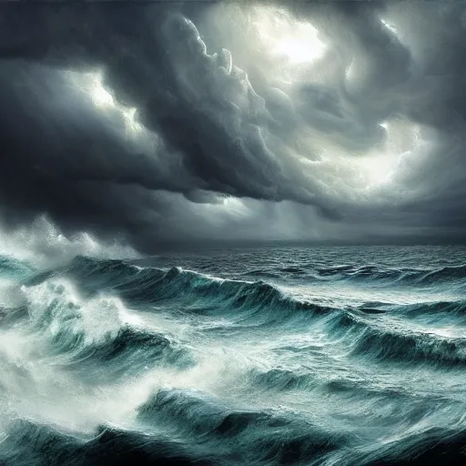 Image similar to huge storm on the ocean, wide angle shot, diffuse lighting, fantasy, intricate, elegant, highly detailed, lifelike, oil painting, concept art, smooth, sharp focus, a 2 4! film cinematography