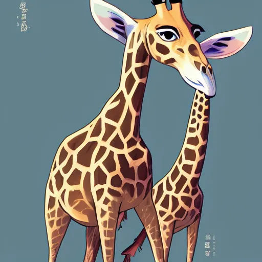 Image similar to an anthropomorphic giraffe wearing a dress, illustration concept art anime key visual trending pixiv fanbox by wlop and greg rutkowski and makoto shinkai and studio ghibli and kyoto animation symmetrical facial features