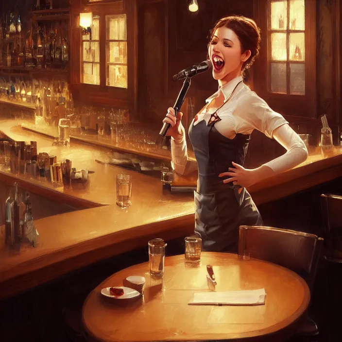 Image similar to a waitress singing on a table in a bar, elegant, real life skin, intricate artwork, high detailed, artstation, concept art, smooth, sharp focus, art by artgerm and greg rutkowski