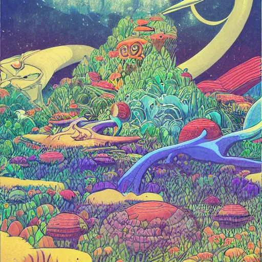 Image similar to the landscape of an alien planet with strange plants and animals. Hand drawing in the style of Miyazaki. Beautiful and colorful.