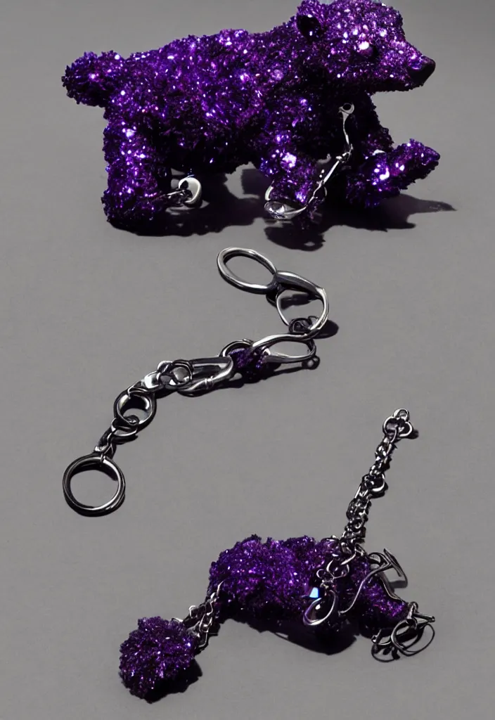 Image similar to a deep purple crystal bear keychain by greg rutkowski, sung choi, mitchell mohrhauser, maciej kuciara, johnson ting, maxim verehin, peter konig, 8 k photorealistic, cinematic lighting, hd, high details, dramatic, atmosphereric, trending on artstation