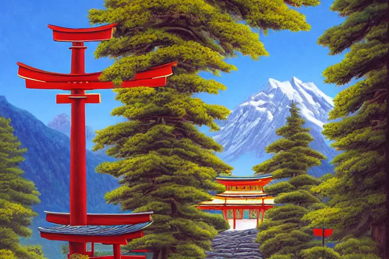 Prompt: a painting in the style of rob gonsalves of a beautiful large shinto shrine with a torii in a natural setting, soft lighting, seasonal weather, in the swiss alps