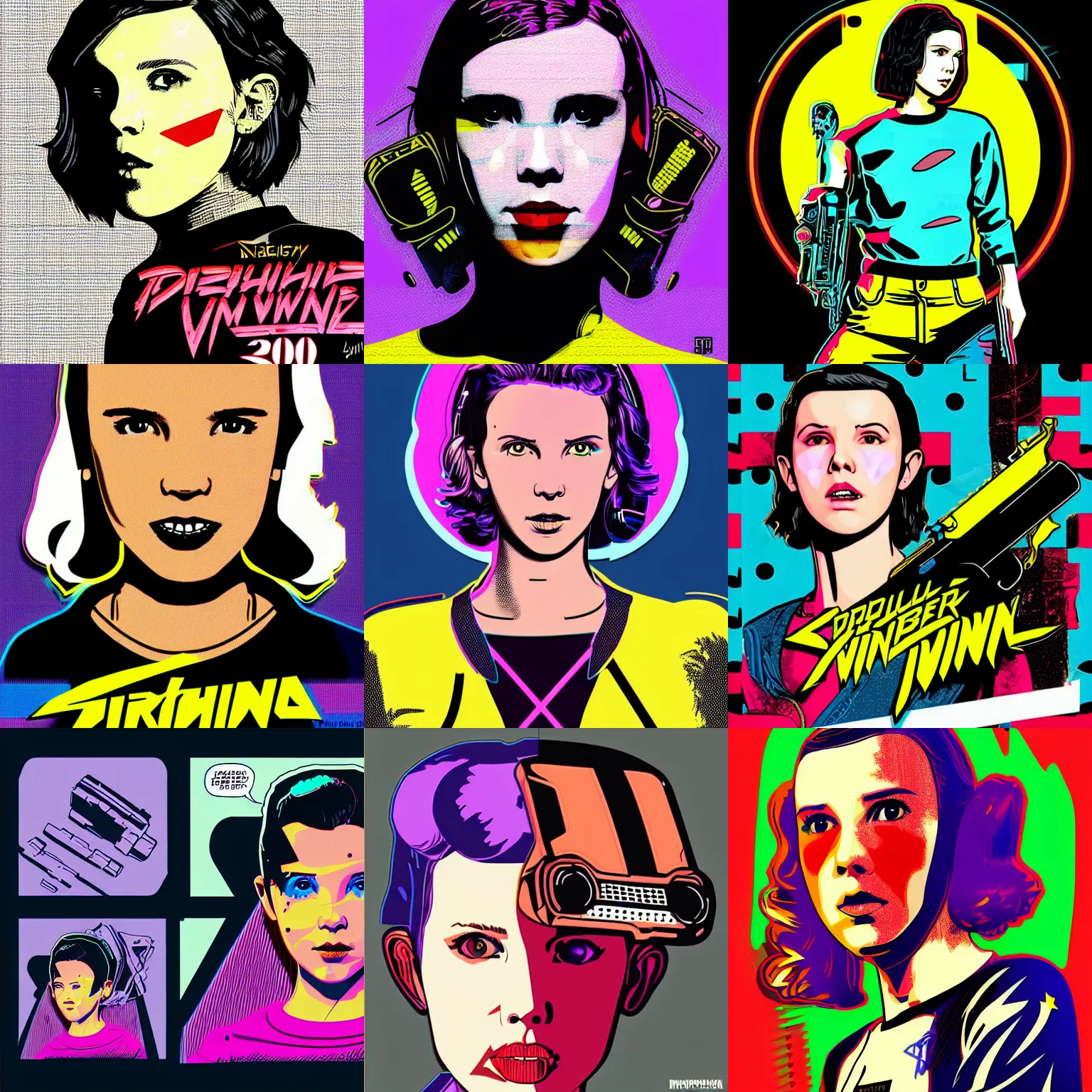 Prompt: millie bobby brown in cyberpunk 2 0 7 7 by butcher billy, sticker, vector art, andy warhol style