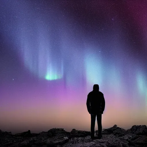 Image similar to 4K Epic Ultra HD detailed award-winning wallpaper silhouette of lonely man holding a flashlight looking at huge vast sky universe Milky Way aurora