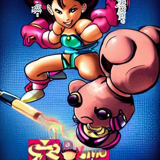 Image similar to chun li stomping a goomba with a pogo stick.