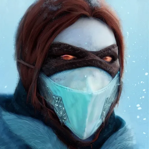 Image similar to snow bandit from ‘ icewind dale ’ with a frost blue gem mask lined with copper, ‘ icewind dale 2 ’ profile portrait by ‘ justin sweet ’, falling snow, soft focus, illustration, oil paint, artstation