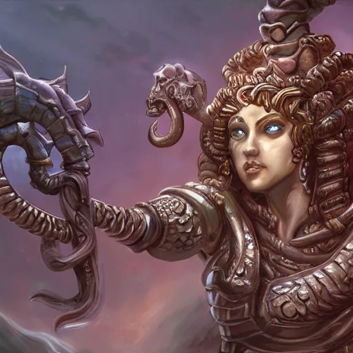 Image similar to a portrait of a torquoise fantasy armored medusa head holding a spear, medusa head, medusa head, medusa head, pillars background with ruined and statues, fantasy game art, fantasy rpg, league of legends