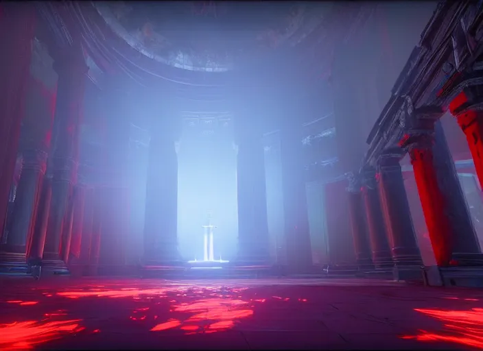 Image similar to ancient temple of worship with red shafts of light in destiny 2, foggy, liminal, dark, dystopian, beautiful architecture, abandoned, highly detailed 4 k 6 0 fps in - game destiny 2 gameplay screenshot leak